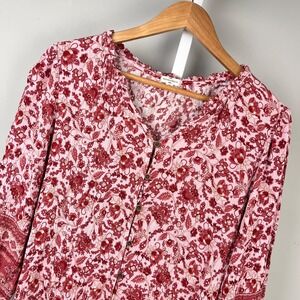 Mason & Belle Boho‎ Peasant Top Womens M Floral Button Front Red Purple